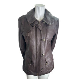 Danier Brown Womens Leather Mid Length Jacket Quilted Lining Size Small